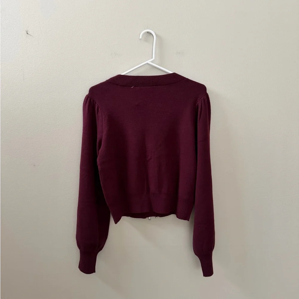 Belldini Balloon Sleeve Burgundy Cardigan Sweater with Rhinestone Bows, Sz M